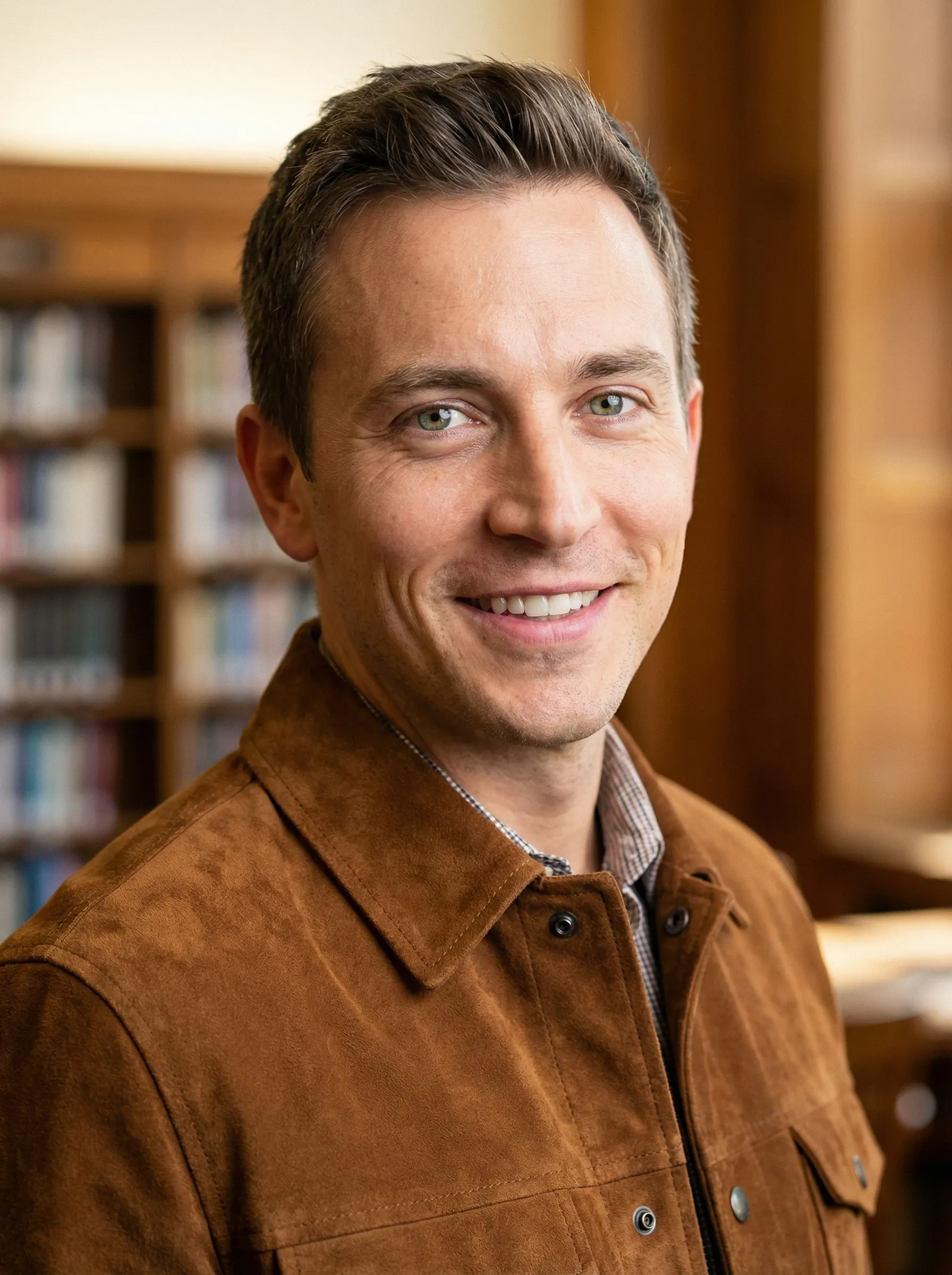 AI academic headshot — man in a brown suede jacket and checked shirt in a library
